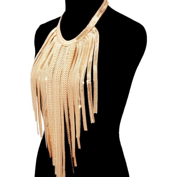 Gold Long Fringe Metallic Statement Necklace Fall 2025 - Picture 7 of 8
